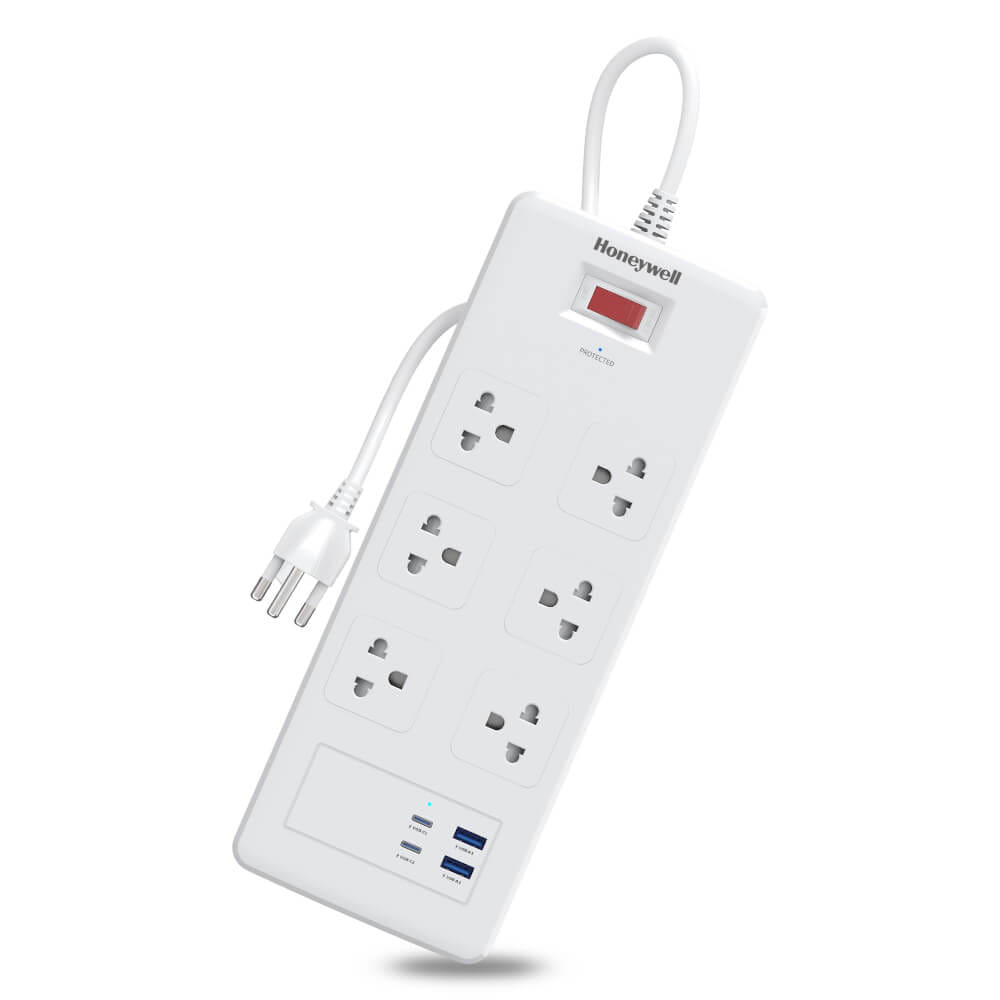 รางปลั๊กไฟ 6 ช่อง HONEYWELL รุ่น HC000048 ป้องกันไฟกระชาก ความยาว 1.8 เมตร พร้อมช่องเสียบ (USB-A 2 ช่อง , USB-C 1 ช่อง)_1